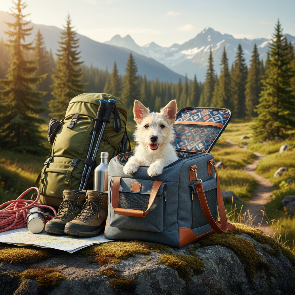 Portable pet travel bag and carrier with small dog peeking out outdoors